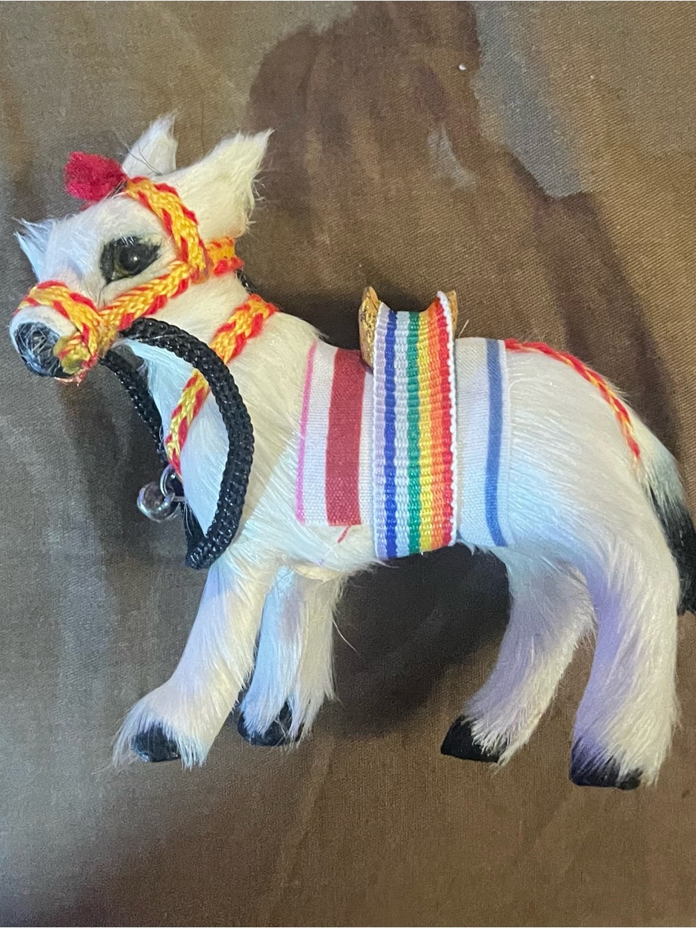 White Real Fur Donkey with Rainbow Saddle